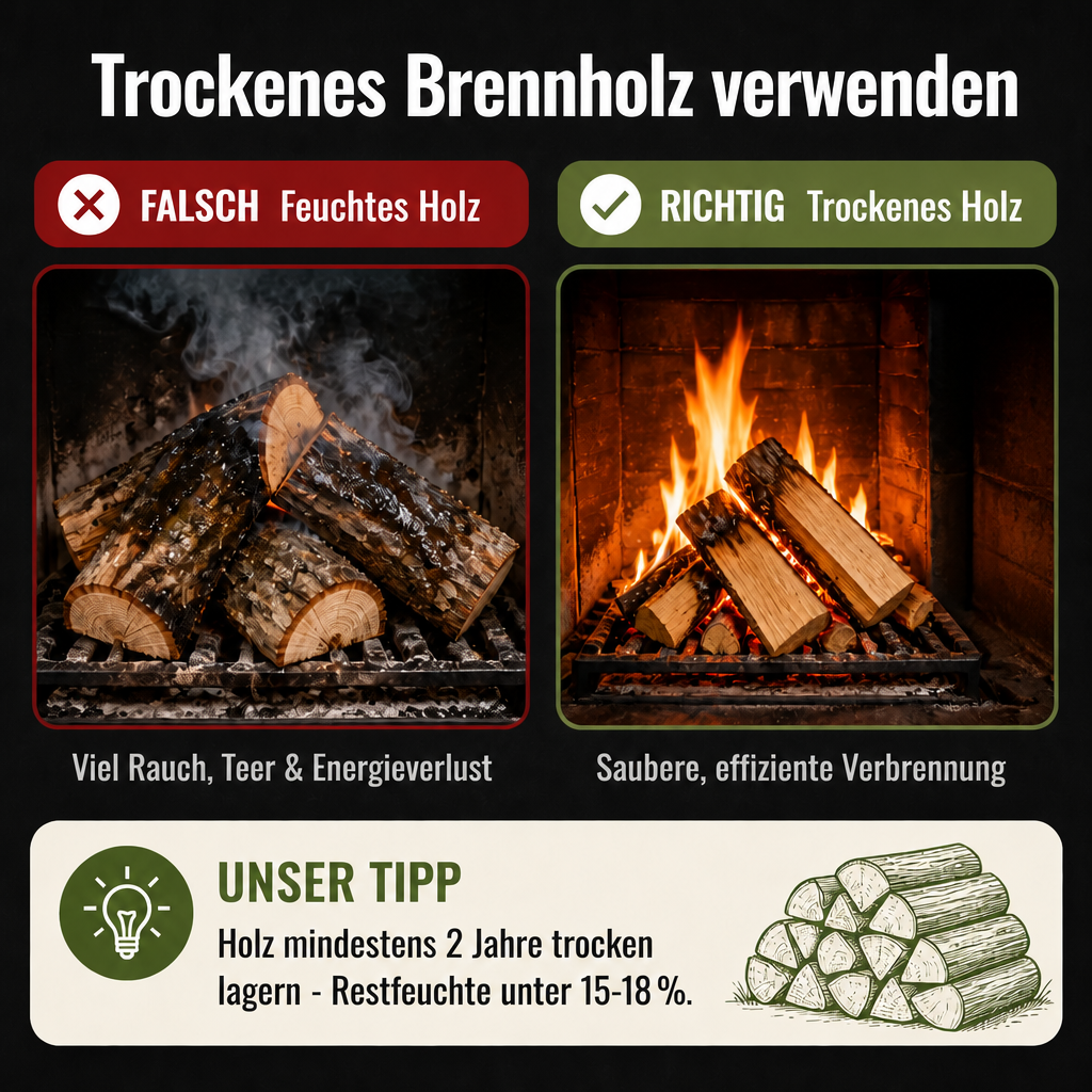 Infografik: Trockenes Brennholz verwenden – falsch vs. richtig