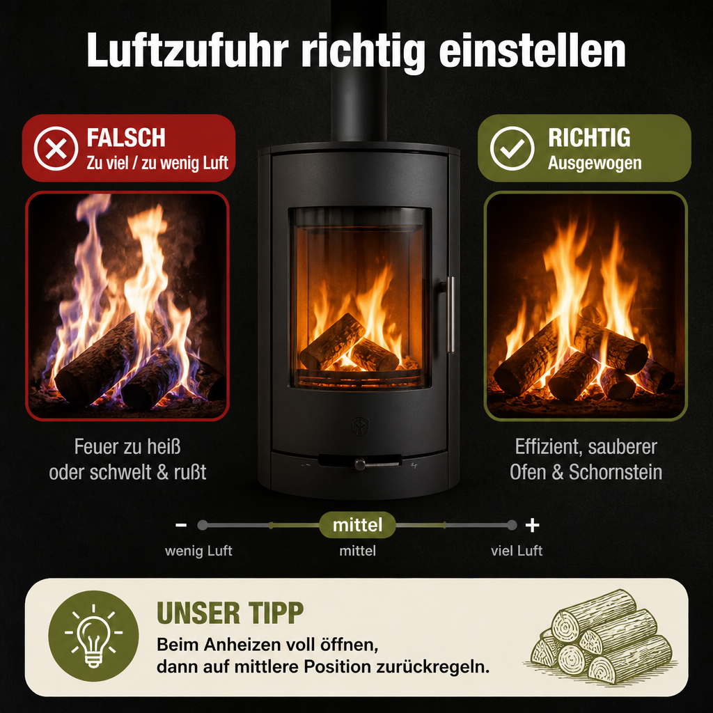 Infografik: Luftzufuhr richtig einstellen – falsch vs. richtig