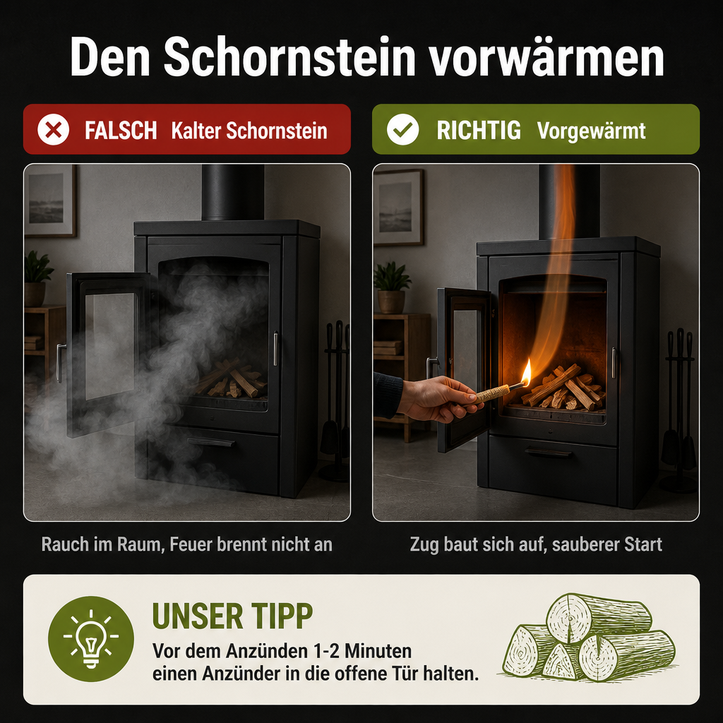 Infografik: Den Schornstein vorwärmen – falsch vs. richtig